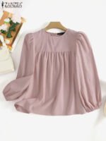 ZANZEA Elegant Solid Blouse Women Long Sleeve O Neck OL Work Shirt Spring Autumn Fashion Tunic Tops Blusas Female Loose Chemise - Image 2