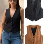 HH Elegant Womens Minimalist Solid Color Suit Vest Fitted Waist V Neck Office Workwear Business Waistcoat Casual Streetwear Tops