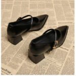 2025 Premium Leather Mary Janes - French Vintage Pointed Toe Pumps Chunky Heel Single Strap Shoes Buckle Decor - Image 5