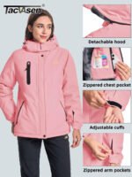 TACVASEN Winter Fleece Lined Hooded Parka Jacket Womens Ski Snowboard Warm Coats Waterproof 5 Zipper Pockets Windbreaker Outwear - Image 3