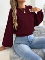 Women's Solid Color Round Neck Lantern Long Sleeve Knitted Sweaters for 2026 Autumn Winter Woman Clothes Yellow Red Khaki Tops - Image 4