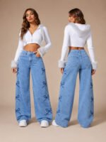 Y2K Bow Embroidery Wide Leg Jeans for Women, High Rise Vintage Light Wash Baggy Denim Trousers Trendy Casual Streetwear Daily Pants - Image 4