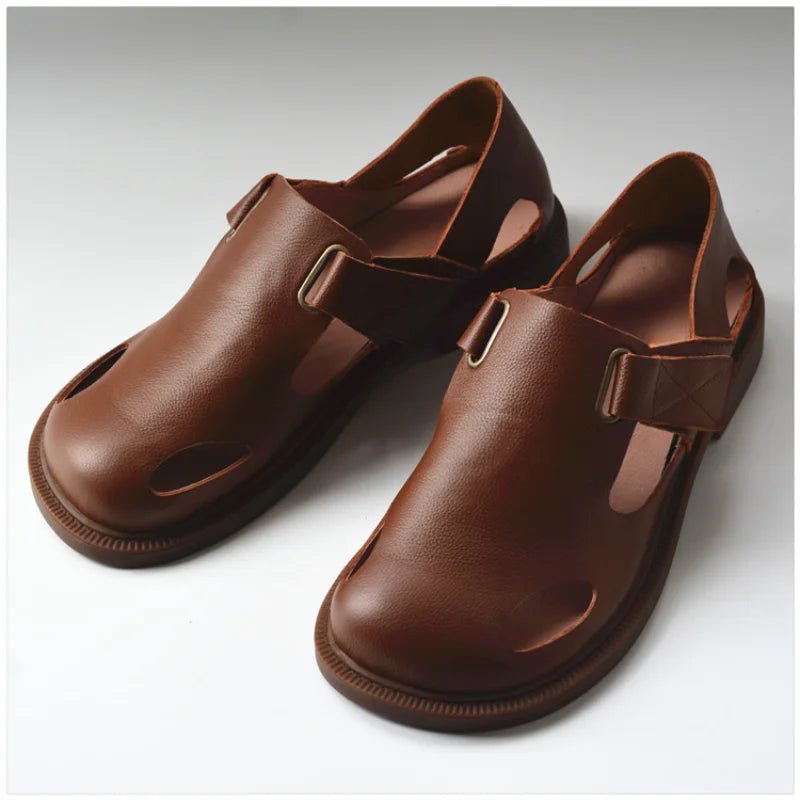 S9b33cb7f4ddb4937a5c064bf04366143X.jpg Summer Men's Shoes Flat Full Real Leather Sandal Cowhide Black Casual Old-fashioned Retro Outdoor Men's Sandals Old Man - Image 1
