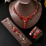 Luxury Red Crystal 3Pcs Jewelry Set Women's Gold Rhinestone Necklace Earrings Bracelet Bridal Wedding Party Accessories - Image 3