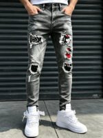 Men's jeans, street hip-hop style graffiti, ripped jeans, distressed washed, slimming, slimming, multifunctional casual versatile slim pants - Image 2