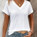 Spring and Summer Women's Casual Short-Sleeved V-Neck T-Shirt, Solid Color Style