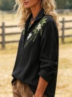 2026 New Fashion Trend Women's Embroidered Shirt, Bohemian Style with Floral and Botanical Embroidery, Loose Long-Sleeve Stand-Up Collar Shirt, Perfect for Spring and Autumn Outings and Casual Wear - Image 3