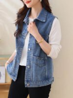 Faionable Embroidered Letter Denim Vest Women's Spring Summer New Sle Svel oulder Pad Thin Outerwear Collar ... - Image 3