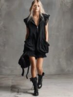 Stand Collar Half Zip Sleeveless Loose Mini Dress Lace Trim Pocket Ruffle Hem Dress For Women Street Punk Daily Trendy Outfit