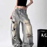 American Vintage Trend Ripped Frayed Baggy Jeans Women Y2K Street-Style Distressed Design Fashionable Versatile Wide-Leg Pants