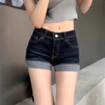 Retro Roll Up Hem Washed Denim Shorts Women Streetwear High Waist Slimming Hot Pants Korean Fashion Deep Blue Hip Wrapping Jeans - Image 3