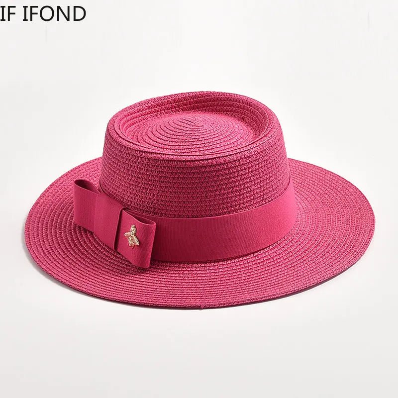 Sa2a5fadf5ad6408f9e157dc2abe87564L.jpg NEW Spring Summer Straw Hats for Women Round Bumpy Surface Flat Top Bowknot Dress Cap Travel Beach Sun Hat Gorra - Image 1
