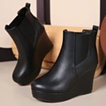 Women Platform Wedge Heel Chelsea Ankle Boots, Elastic Side Slip‑On Faux Leather Solid Color Spring Autumn Casual Short Booties - Image 5