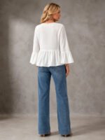 V Neck Bell Sleeve Blouses for Women Loose Fit Babydoll Tunic Tops Single Button Pleated Flowy Shirts Casual Daily Office Going‑Out Tunic - Image 2