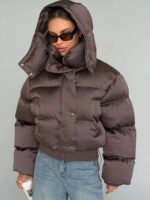 Winter Hooded Jacket Short Top Cropped Drawstring Waist Coat Woman Long Sleeve Warm Quilted Out Jackets Streetwear Lady Clothes - Image 3