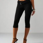 MISSGUIDED Women's Red Capri Leggings With Gold Hardware Detail Waistband Mid Rise Cropped Pants Spring Summer Fashion