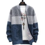 Autumn Winter Cardigan Sweater Men Fleece Zipper Sweaters Velvet Contrast Striped Sweater Coats Casual Jackets - Image 6
