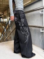 American Retro Heavy-Duty Letter Flower Embroidery Women's Loose Wide-Leg Jeans Street Fashion Fashion Versatile Black Trousers - Image 4