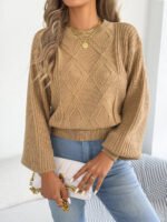 Women's Solid Color Round Neck Lantern Long Sleeve Knitted Sweaters for 2026 Autumn Winter Woman Clothes Yellow Red Khaki Tops - Image 5