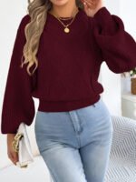 Women's Solid Color Round Neck Lantern Long Sleeve Knitted Sweaters for 2026 Autumn Winter Woman Clothes Yellow Red Khaki Tops - Image 3