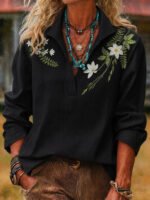 2026 New Fashion Trend Women's Embroidered Shirt, Bohemian Style with Floral and Botanical Embroidery, Loose Long-Sleeve Stand-Up Collar Shirt, Perfect for Spring and Autumn Outings and Casual Wear