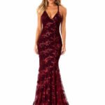 Sexy Sequin Floral Mermaid Evening Gown for Women Deep V Neck Spaghetti Strap Formal Prom Dress Floor Length Tulle Wedding Guest Party Ball Gown
