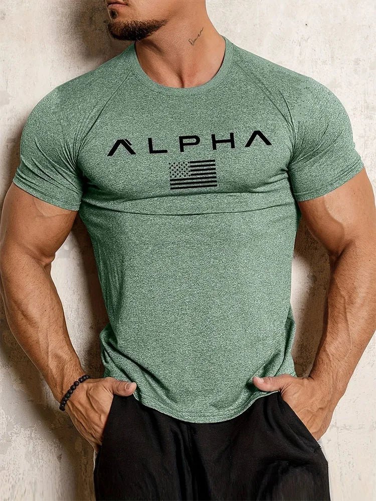 Sad6019dbb0d94f25846cffe7398e45f08.jpg Spring and Summer Pure Color Printing Sports Fitness Short-sleeved T-shirt Men's O Neck Stretch Training Exercise T-shirt top - Image 1