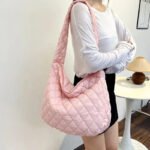 Women Large Capacity Quilted Tote Bag Winter Warm Lightweight Down Cotton Padded Plaid Shoulder Bags Underarm Bags Puffy Handbag - Image 3