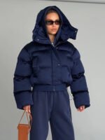 Winter Hooded Jacket Short Top Cropped Drawstring Waist Coat Woman Long Sleeve Warm Quilted Out Jackets Streetwear Lady Clothes - Image 6