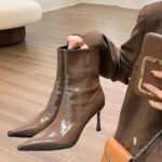 Ankle Boots Vintage Autumn New Fashion High Heels Women's Sexy Pointed Toe patent leather skinny boots Women Brown Short Booties - Image 4
