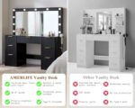 47.2" Fluted Vanity Desk with Large Mirror and Lights, Black / 7 Drawers Large Black Makeup Vanity Table with Glass Top - Image 6