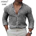 New mens Stripe Shirt Long Sleeve Printing Breathable T Shirts Lapel Basic Shirts for Men Lightweight Hawaiian Shirt Streetwear
