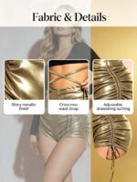 Women 2 Piece Outfits Long Sleeve Crop Top + Metallic Gold Drawstring Ruched Shorts Set Nightclub Party Clubwear Matching Sets - Image 6