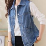 Faionable Embroidered Letter Denim Vest Women's Spring Summer New Sle Svel oulder Pad Thin Outerwear Collar ...
