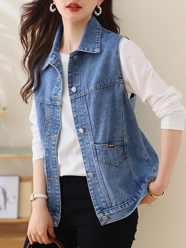 Sb5bd66d9016542c687f8e8e33a13217b2.jpg Faionable Embroidered Letter Denim Vest Women's Spring Summer New Sle Svel oulder Pad Thin Outerwear Collar ... - Image 1