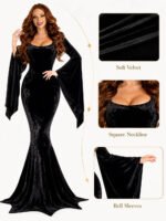 Women Gothic Velvet Mermaid Maxi Dress Bat Flared Long Sleeve Bodycon Gown Dark Witch Vampire Costume Halloween Cosplay Party Outfit - Image 5