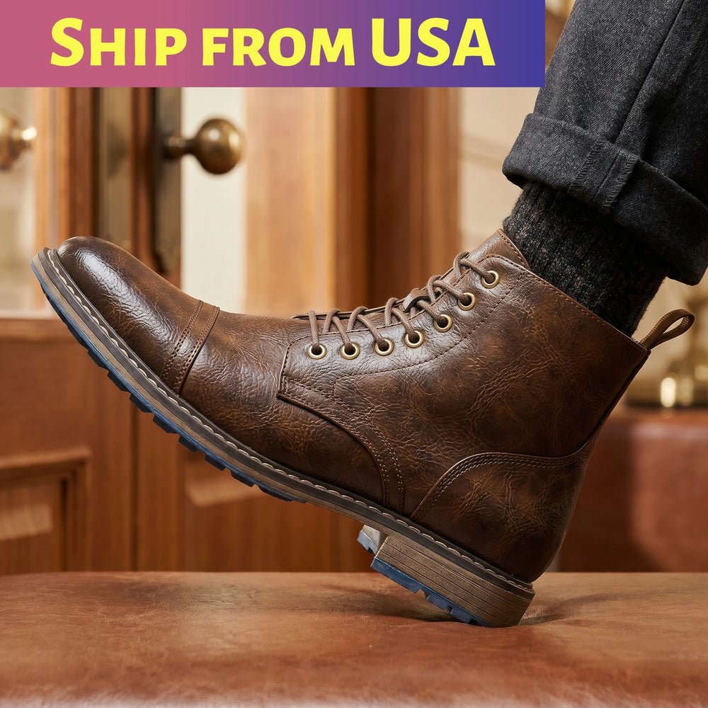 Sb711474cb7334e8ca41955f2fcd8d348W.jpg Men's Vintage Combat Boots Lace-Up Cap Toe Ankle Booties with Pull Tab Non-Slip Sole - Image 1