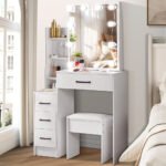 Modern White Dressing Table Stool Set with 3-Color Adjustable LED Light Mirror 4 Drawers For Bedroom Living Room Vanity Table - Image 2