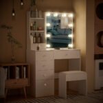 Teousev White LED Makeup Vanity Set with Sliding Mirror, 3-Color Dimmable Lights, 6 Drawers & Stool, Modern Dressing Table - Image 3