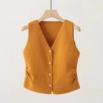 Womens Gold Button Front Vest V-Neck Ruched Waist Sleeveless Knit Jacket Casual Chic Spring Summer 2025 Trendy Outfit - Image 5