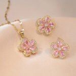 Bridal Pink Zircon Cherry Flower Stud Earrings and Pendants Stainless Steel Chains Necklaces For Women Luxury Jewelry Sets Gift