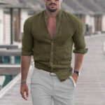 Men's Cotton Linen Shirts Madarin Neck Solid Color Long Sleeve Loose Top Spring Autumn Fashion Shirt - Image 2