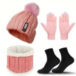 4pcs Winter Beanie Hat Gloves Scarf Caps Socks Thickened Fleece Lined Neck Cashmere Scarves Cap Set For Men Women - Image 4