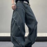 UP.THE Men Dark Raw Denim Baggy Wide Leg Jeans, Y2K Oversized Loose Curved Spliced Eyelet Denim Pants, Industrial Streetwear Trousers for Daily Outfits