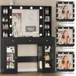 Makeup Vanity Desk with Mirror and Lights, Black Vanity with Glass Top, LED Lights & Power Outlet, 3 Drawers & 2 RGB - Image 4