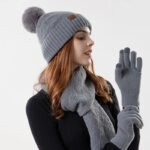 3pcs/set Winter Beanie Hat Scarf Touchscreen Gloves Set for Women Warm Knit Fleece Lined Hat Set Leather Label Fur Ball Cap - Image 3