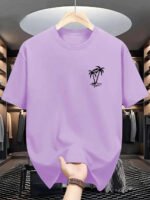 Men's summer 100% cotton fashionable casual loose coconut tree pattern printed sports round neck short sleeved T-shirt top - Image 3