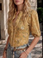 Women V‑Neck Short Puff Sleeve Floral Printed Blouse Button‑Front Casual Daily Commute Dating Wear Shirt - Image 2