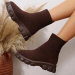 Ankle Boots for Women Comfortable Round Toe Slip On Stretch Soft Chunky Block Heel Knit Platform Boots Punk Dress Sock Boots - Image 3