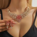 Luxury Pink Crystal Flower Jewelry Set Gold Plated Rhinestone Necklace & Earrings for Women Wedding Party Prom Accessories